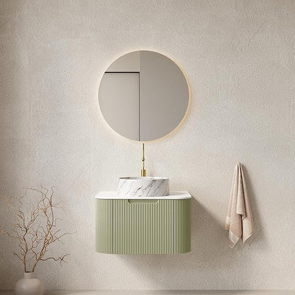 Yayzy 24" Floating Bathroom Vanity with Sink, Solid Wood Fluted Cabinet, White Marble-Patterned Ceramic Basin & Faux Marble Top, Soft-Close Drawer, Pre-Assembled, Light Green