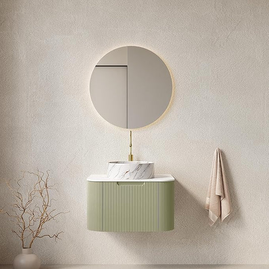 24'' Floating Vanity with Sink Combo, Modern Wall-Mounted Curved Edges Striped Bathroom Storage Cabinet with Soft-Close Drawer and White Stone Pattern Basin, Light Green