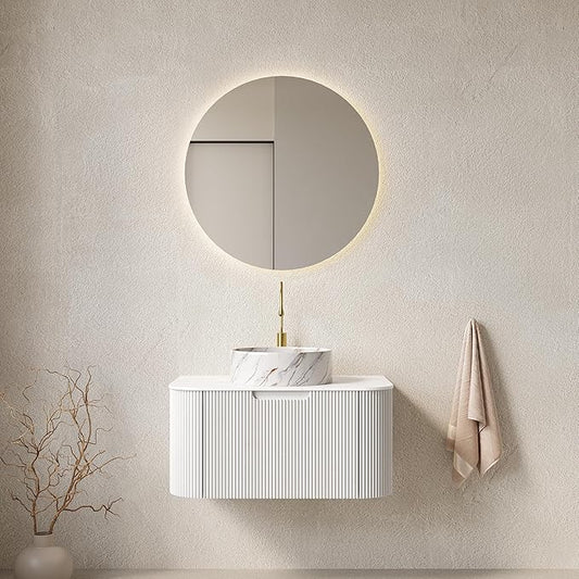 30'' Floating Vanity with Sink Combo, Modern Wall-Mounted Curved Edges Striped Bathroom Storage Cabinet with Soft-Close Drawer and White Stone Pattern Basin, White
