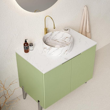 30" Bathroom Vanity with Sink, Modern Bathroom Vanities with Durable Marble Ceramic Basin and Sintered Stone Countertop, Soft Closing Door, Freestanding Bathroom Cabinet, Soft Green