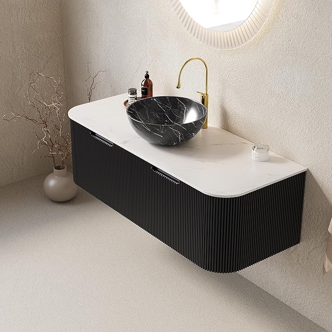48" Floating Bathroom Vanity with Sink, Plywood Bathroom Vanities with Ultra-Thin Marble Ceramic Basin and Top, 2 Large Soft-Closing Storage Drawers, Pre-Assembled Cabinet, Gloss Black