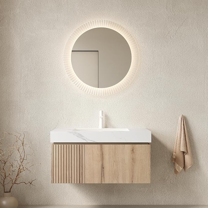 KEIKI 36 Inch Floating Bathroom Vanity with Sink, White Oak & White | Modern Wall Mounted Storage Cabinet w/ Drawer & Door, Pre-assembled Wood Panels, Sintered Stone Top & Ceramic Basin Combo Set