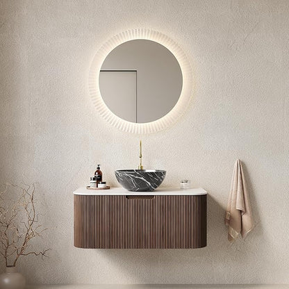 Yayzy 36" Floating Bathroom Vanity with Sink, Solid Wood Fluted Cabinet, White Marble-Patterned Ceramic Basin & Faux Marble Top, Soft-Close Drawer, Pre-Assembled, Walnut Woodgrain