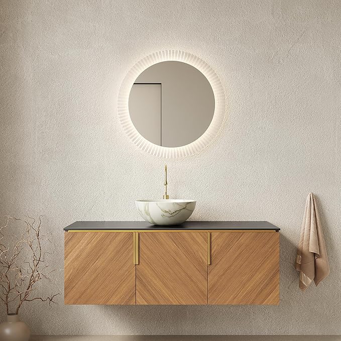 48 Inch Bathroom Vanity with Single Sink, Floating Vanity with Vessel Sink, Modern Bathroom Vanity Cabinet with 3 Doors, Sintered Stone Countertop and White Bowl Basin,Brown Oak