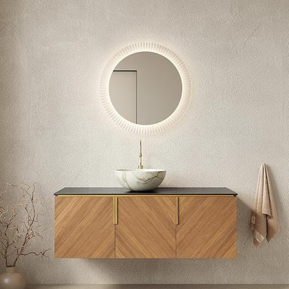 48 Inch Bathroom Vanity with Single Sink, Floating Vanity with Vessel Sink, Modern Bathroom Vanity Cabinet with 3 Doors, Sintered Stone Countertop and White Bowl Basin,Brown Oak