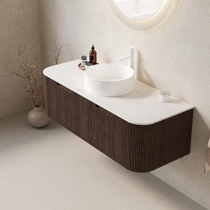 LKTART 48 Inch Floating Bathroom Vanity with Sink, Modern Wall Mounted Bathroom Storage Cabinet with Drawer, Round White Ceramic Sink Top and Marble Texture Top, Walnut