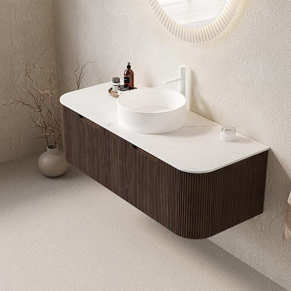 LKTART 48 Inch Floating Bathroom Vanity with Sink, Modern Wall Mounted Bathroom Storage Cabinet with Drawer, Round White Ceramic Sink Top and Marble Texture Top, Walnut