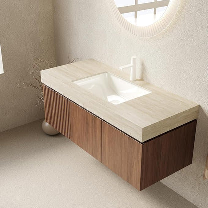 KEIKI 48 Inch Floating Bathroom Vanity with Sink, Brown Oak & Beige | Modern Wall Mounted Storage Cabinet w/ Drawer & Door, Pre-assembled Wood Panels, Sintered Stone Top & Ceramic Basin Combo Set