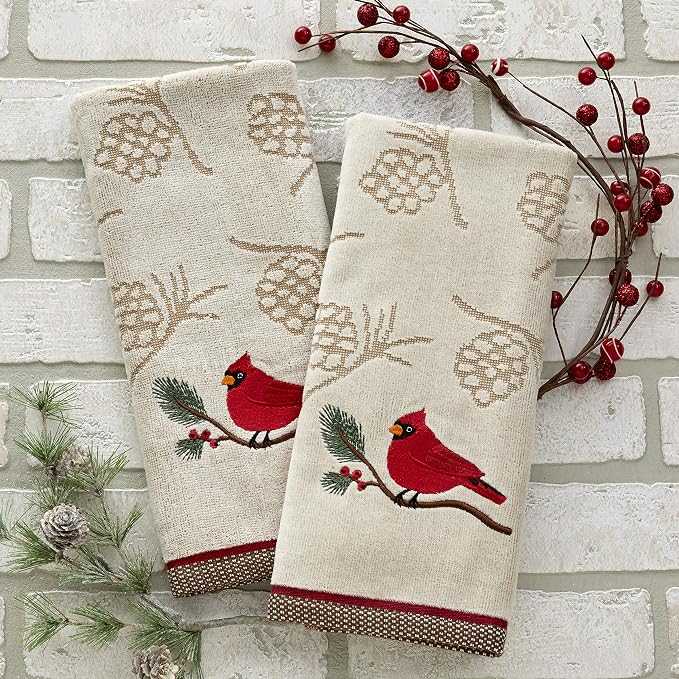SKL Home Christmas/Winter Cardinal & Branch Hand Towel Set-2pc, Wheat | 100% Cotton. Soft & absorbent pinecone jacquard with embroidery. Great for the bathroom, kitchen or bar & holiday gifting.