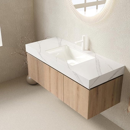 Ambrovina 48 inch Floating Bathroom Vanity with Sink, Wall Mounted Storage Vanities with Drawer and 2 Doors, Carrara White Sintered Stone Top and Ceramic Basin, Pre-Assembled Cabinet, Light Wooden