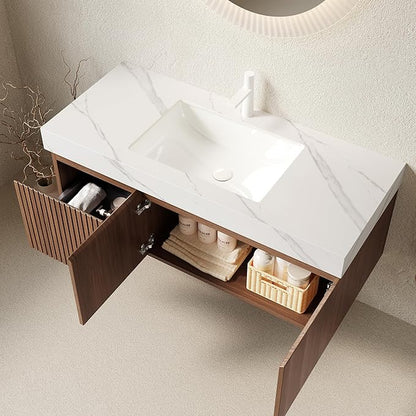 Ambrovina 48" Floating Bathroom Vanity with Sink, Modern Plywood Bathroom Storage Cabinet with Drawer and 2 Door, Carrara White Sintered Stone Countertop, White Ceramic Basin, Pre-Assembled, Dark Oak