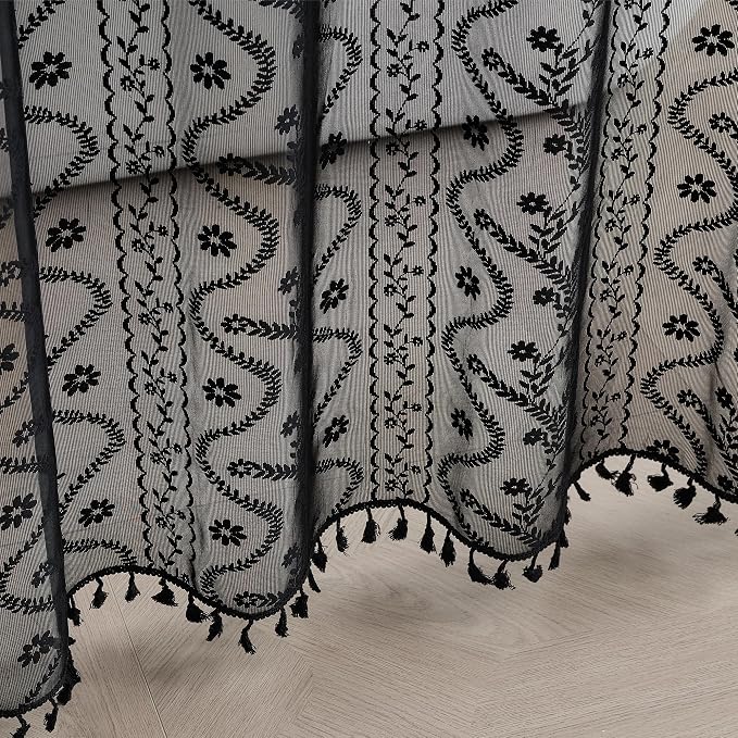 WAZZIO Black Lace Shower Curtain - Vintage Pretty Floral Sheer Shower Curtains Goth, Decorative Tassel Bath Curtains for Bathroom, 72 x 72 Inch, 1 Panel