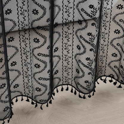 WAZZIO Black Lace Shower Curtain - Vintage Pretty Floral Sheer Shower Curtains Goth, Decorative Tassel Bath Curtains for Bathroom, 72 x 72 Inch, 1 Panel