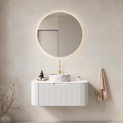 Yayzy 36" Floating Bathroom Vanity with Sink, Solid Wood Fluted Cabinet, White Marble-Patterned Ceramic Basin & Faux Marble Top, Soft-Close Drawer, Pre-Assembled, White