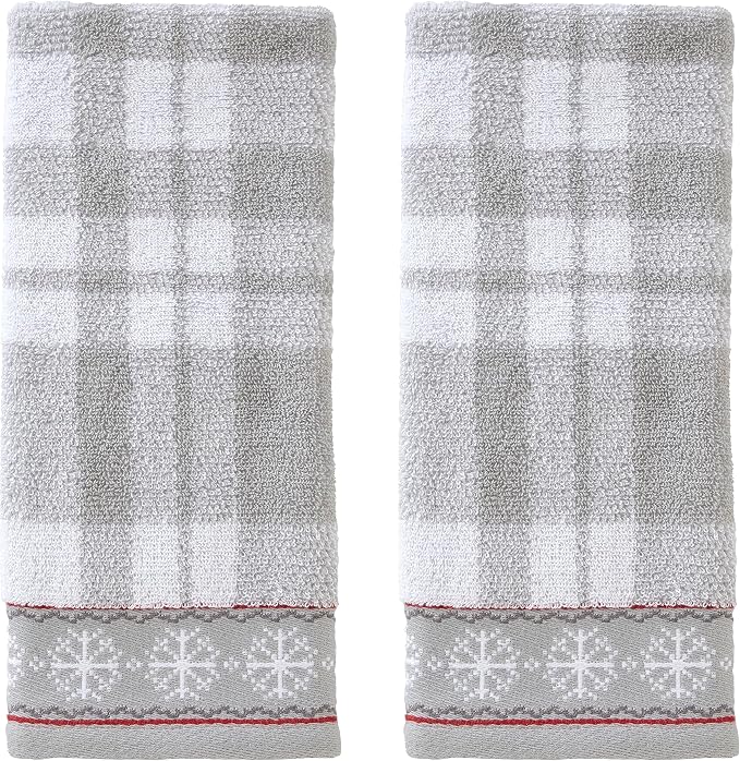SKL Home Winter/Christmas Whistler Plaid Hand Towel 2pc Set, Gray | 100% Cotton. 500 GSM. Soft & absorbent plaid jacquard. Great for the bathroom, kitchen or bar & holiday gifting.
