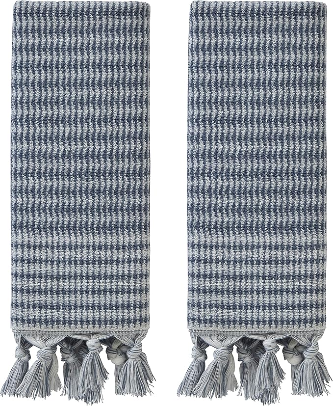 SKL Home Longborough Hand Towel Set-2pc, 100% Turkish Cotton, Denim Blue | 640 GSM weight. Spa-level quality. Soft & absorbent jacquard with tassels. For the bathroom, kitchen, bar or any sink space.
