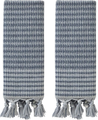 SKL Home Longborough Hand Towel Set-2pc, 100% Turkish Cotton, Denim Blue | 640 GSM weight. Spa-level quality. Soft & absorbent jacquard with tassels. For the bathroom, kitchen, bar or any sink space.