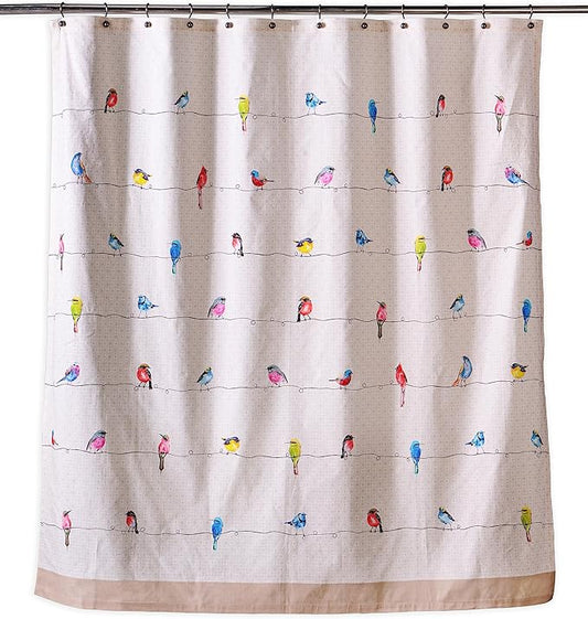 Maison d' Hermine Shower Curtain 100% Cotton One Panel 70"x72" Washable Fabric Shower Curtains for Bathroom, Easy Hanging with 12 Button Holes - Home Hotel Spa Easter Gifts (Birdies on Wire)