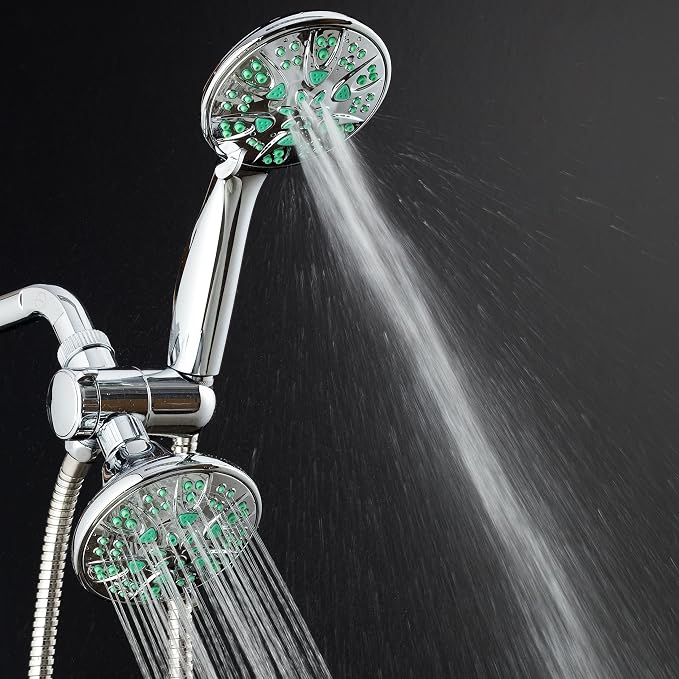 AquaDance Antimicrobial/Anti-Clog High-Pressure 30-setting Dual Head Combination Shower with Microban Nozzle Protection From Growth of Mold, Mildew & Bacteria for a Healthier Shower– Coral Green, 4 In