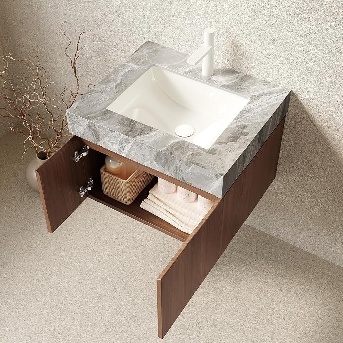 KEIKI 24 Inch Floating Bathroom Vanity with Sink, Brown Oak & Grey | Modern Wall Mounted Storage Cabinet with 2 Doors, Pre-assembled Wood Panels, Sintered Stone Top & Ceramic Basin Combo Set