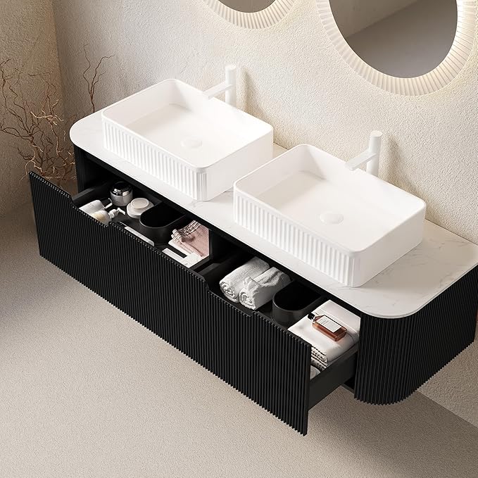 Yayzy 60" Floating Bathroom Vanity with Sink, Solid Wood Fluted Cabinet, White Fluted Square Ceramic Basin & Faux Marble Top, Soft-Close Drawer, Pre-Assembled, Gloss Black