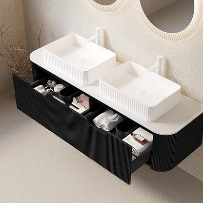 Yayzy 60" Floating Bathroom Vanity with Sink, Solid Wood Fluted Cabinet, White Fluted Square Ceramic Basin & Faux Marble Top, Soft-Close Drawer, Pre-Assembled, Gloss Black