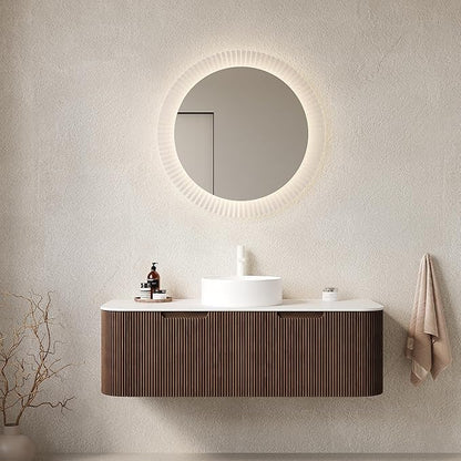 48'' Bathroom Vanities Cabinet with Sink Combo, Wall Mounted Floating Cabinet W/Curved Edges Stripes, Oak Plywood, Soft-Close System with 2 Drawer & White Round Ceramic Basin - Kiel, Dark Walnut