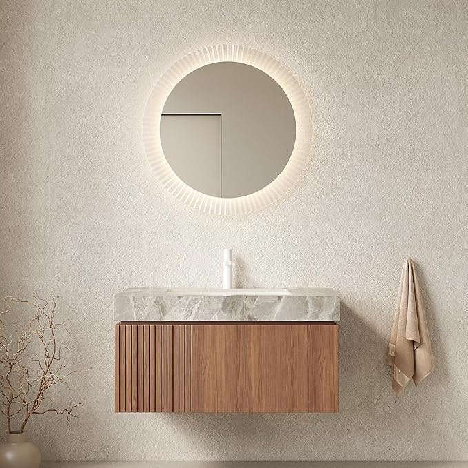 KEIKI 36 Inch Floating Bathroom Vanity with Sink, Modern Wall Mounted Storage Cabinet with Drawer, Pre-Assembled Waterproof Wood Panels, Sintered Stone Top & Ceramic Basin Combo Set, Brown Oak & Grey