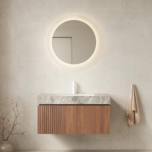 KEIKI 36 Inch Floating Bathroom Vanity with Sink, Modern Wall Mounted Storage Cabinet with Drawer, Pre-Assembled Waterproof Wood Panels, Sintered Stone Top & Ceramic Basin Combo Set, Brown Oak & Grey