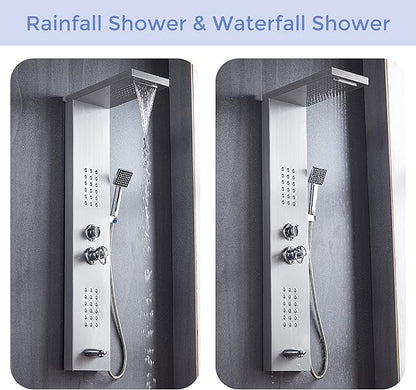 Delavin Stainless Steel Shower Panel Tower System, Wall-Mount Complete Shower Panel with Rainfall Waterfall Shower Head, Massage Body Jets, Tub Spout, Handheld Shower, Brushed Nickel