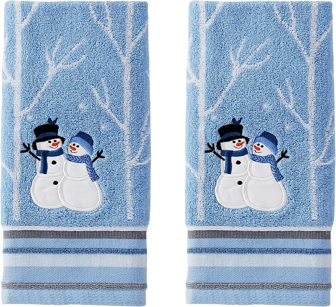 SKL Home Christmas Winter Friends Snowman Hand Towel Set-2pc, Blue | 100% Cotton. 450 GSM. Soft & absorbent jacquard with embroidery. Great for the bathroom, kitchen or bar & holiday gifting.