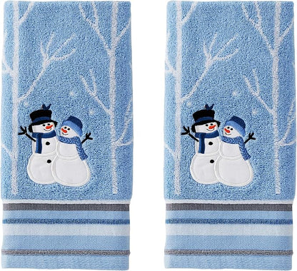 SKL Home Christmas Winter Friends Snowman Hand Towel Set-2pc, Blue | 100% Cotton. 450 GSM. Soft & absorbent jacquard with embroidery. Great for the bathroom, kitchen or bar & holiday gifting.