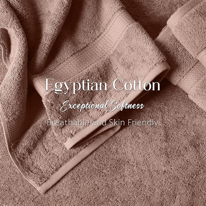 SUPERIOR Egyptian Cotton Ultra Plush & Absorbent, 12 Piece Set, Muted Mauve | Heavyweight 12 Pc Egyptian Cotton Towel Set Includes 4 Bath Towels 4 Hand Towels 4 Washcloths Decorative Rope Border