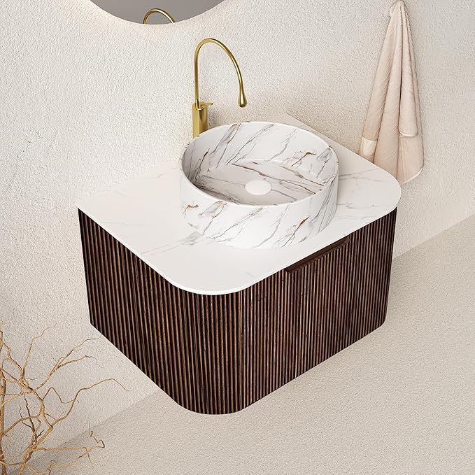 24'' Floating Vanity with Sink Combo, Modern Wall-Mounted Curved Edges Striped Bathroom Storage Cabinet with Soft-Close Drawer and White Stone Pattern Basin, Dark Walnut