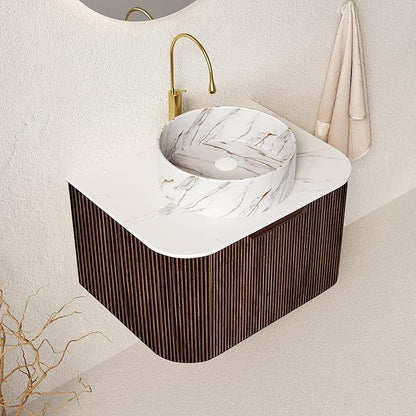 24'' Floating Vanity with Sink Combo, Modern Wall-Mounted Curved Edges Striped Bathroom Storage Cabinet with Soft-Close Drawer and White Stone Pattern Basin, Dark Walnut