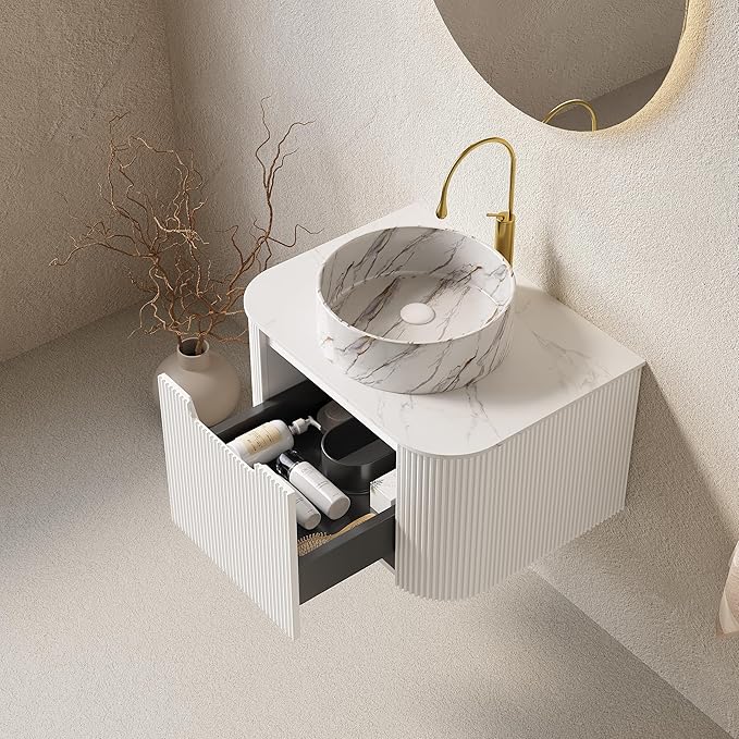 Yayzy 24" Floating Bathroom Vanity with Sink, Solid Wood Fluted Cabinet, White Marble-Patterned Ceramic Basin & Faux Marble Top, Soft-Close Drawer, Pre-Assembled, White
