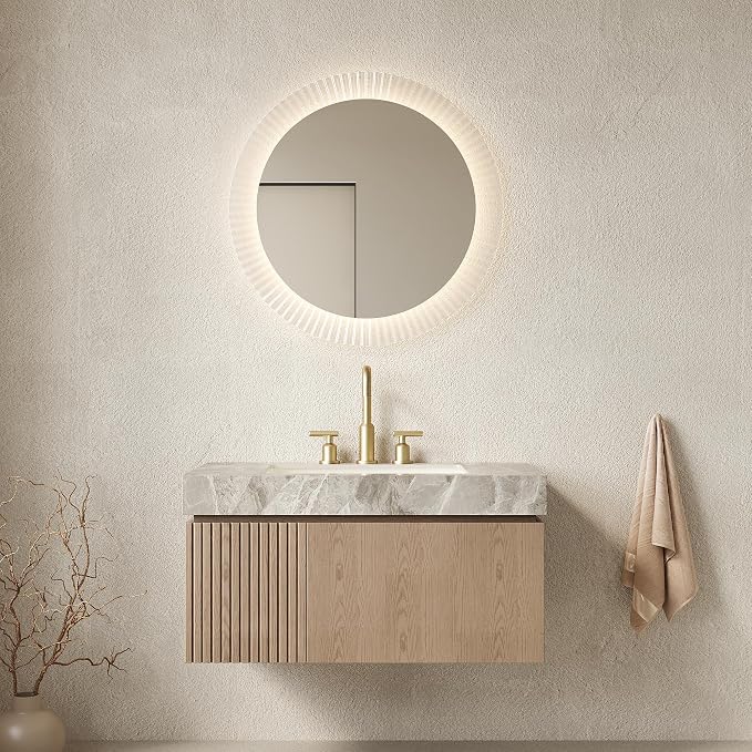 KEIKI 36 Inch Floating Bathroom Vanity with Sink, Light Brown & Grey | Modern Wall Mounted Storage Cabinet w/ Drawer & Door, Pre-assembled Wood Panels, Sintered Stone Top & Ceramic Basin Combo Set