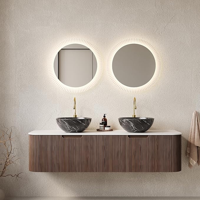 60'' Bathroom Vanities Cabinet with Sink, Wall Mounted Floating Cabinet W/Curved Edges Stripes, Oak Plywood, Soft-Close System with 2 Drawer & 2 Black Bowl Ceramic Basin - Kiel, Dark Walnut/R