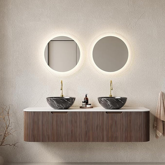 60'' Bathroom Vanities Cabinet with Sink, Wall Mounted Floating Cabinet W/Curved Edges Stripes, Oak Plywood, Soft-Close System with 2 Drawer & 2 Black Bowl Ceramic Basin - Kiel, Dark Walnut/R