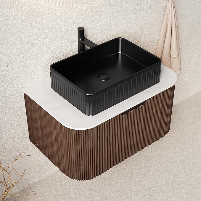 30'' Bathroom Vanities Cabinet with Sink, Wall Mounted Floating Cabinet W/Curved Edges Stripes, Oak Plywood, Soft-Close System with a Drawer, Black Rectangular Ceramic Basin - Kiel, Dark Walnut/B
