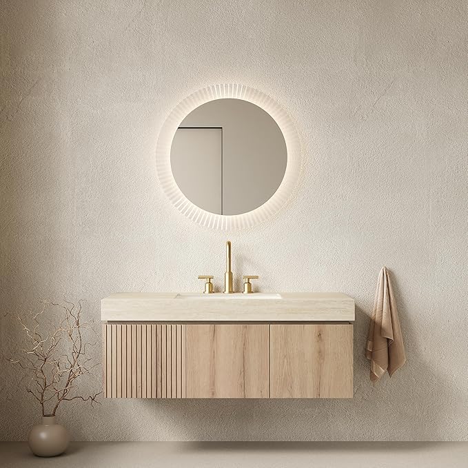 KEIKI 48 Inch Floating Bathroom Vanity with Sink, Modern Wall Mounted Storage Cabinet with Drawer, Pre-assembled Waterproof Wood Panels, Sintered Stone Top & Ceramic Basin Combo Set, White Oak & Beige