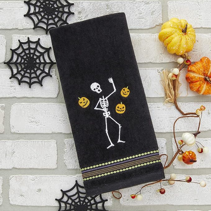 SKL Home Halloween Juggling Skeleton 100% Cotton Embroidered 2pc Hand Towel Set, Decorative for Bath/Kitchen/Bar & Gift, Black