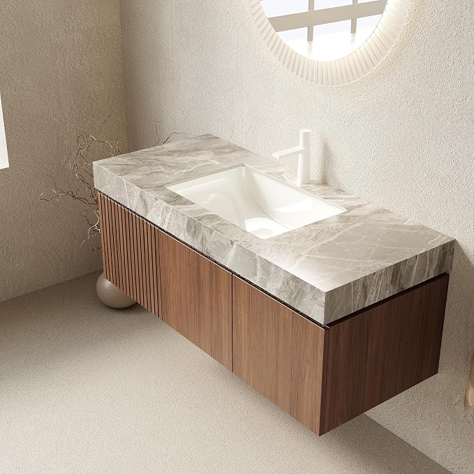KEIKI 48 Inch Floating Bathroom Vanity with Sink, Brown Oak & Grey | Modern Wall Mounted Storage Cabinet w/ Drawer & Door, Pre-assembled Wood Panels, Sintered Stone Top & Ceramic Basin Combo Set
