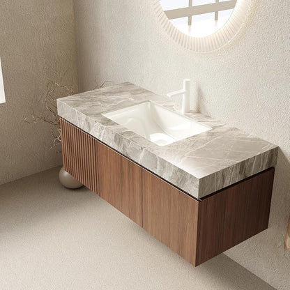 KEIKI 48 Inch Floating Bathroom Vanity with Sink, Brown Oak & Grey | Modern Wall Mounted Storage Cabinet w/ Drawer & Door, Pre-assembled Wood Panels, Sintered Stone Top & Ceramic Basin Combo Set