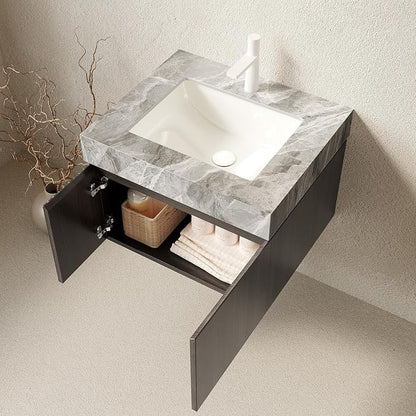 KEIKI 24 Inch Floating Bathroom Vanity with Sink, Espresso & Grey | Modern Wall Mounted Storage Cabinet with 2 Doors, Pre-assembled Wood Panels, Sintered Stone Top & Ceramic Basin Combo Set