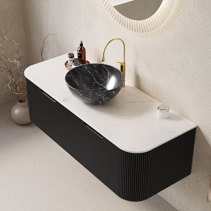 Yayzy 48" Floating Bathroom Vanity with Sink, Solid Wood Fluted Cabinet, White Marble-Patterned Ceramic Basin & Faux Marble Top, Soft-Close Drawer, Pre-Assembled, Gloss Black