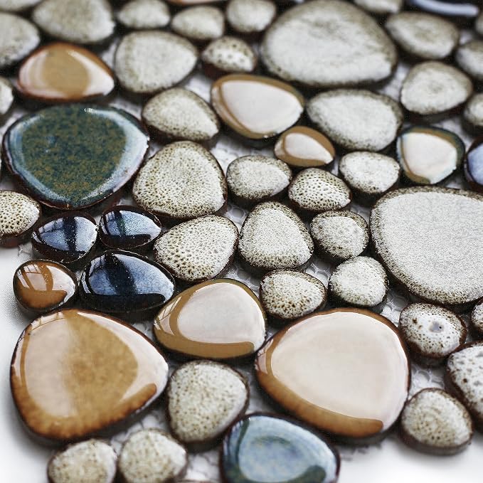 Pebble Stone Mosaic Tiles 5 Sheets, Beige Tan Brown Ceramic Mosaic Sheets Mesh Mounted 12x12, Glazed Porcelain Tile for Shower Floor Kitchen Bathroom Accent Wall Backsplash 【5 Sheets】