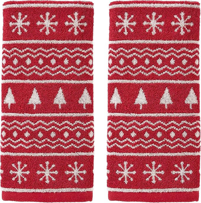 SKL Home Winter/Christmas Fair Isle Hand Towel Set-2pc, 100% Cotton, Red | 500 GSM. Soft & absorbent. Reversible jacquard pattern. Great for the bathroom, kitchen or bar & holiday gifting.