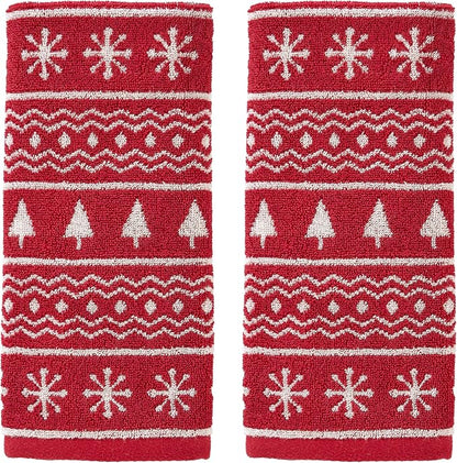 SKL Home Winter/Christmas Fair Isle Hand Towel Set-2pc, 100% Cotton, Red | 500 GSM. Soft & absorbent. Reversible jacquard pattern. Great for the bathroom, kitchen or bar & holiday gifting.