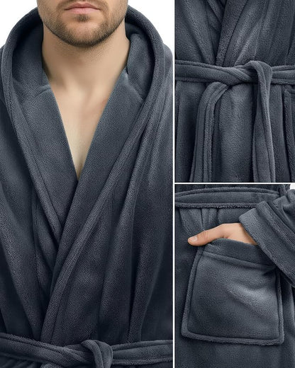 NY Threads Mens Robe with Hood, Luxury Plush Fleece Hooded Mens Bathrobe, Spa Bath Robe for Men